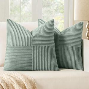 MIULEE Christmas White Corduroy Pillow Covers Pack of 2 Boho Decorative Spliced Throw Pillow Covers Soft Couch Pillowcases Cross Patchwork Textured Cushion Covers for Living Room Bed Sofa 18×18 inch(Greyish Green)