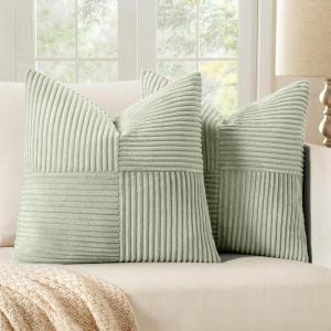 MIULEE Christmas White Corduroy Pillow Covers Pack of 2 Boho Decorative Spliced Throw Pillow Covers Soft Couch Pillowcases Cross Patchwork Textured Cushion Covers for Living Room Bed Sofa 18×18 inch(Light Green)