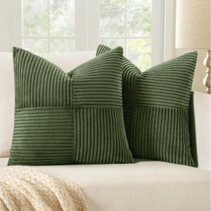 MIULEE Christmas White Corduroy Pillow Covers Pack of 2 Boho Decorative Spliced Throw Pillow Covers Soft Couch Pillowcases Cross Patchwork Textured Cushion Covers for Living Room Bed Sofa 18×18 inch(Moss Green)