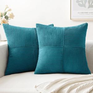 MIULEE Christmas White Corduroy Pillow Covers Pack of 2 Boho Decorative Spliced Throw Pillow Covers Soft Couch Pillowcases Cross Patchwork Textured Cushion Covers for Living Room Bed Sofa 18×18 inch(Teal)