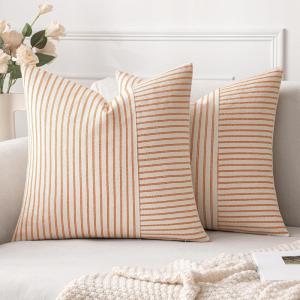 MIULEE Dark Green Patchwork Farmhouse Pillow Covers 18×18 Inch, Pack of 2 Striped Linen Decorative Modern Accent Pillow Cases for Sofa Couch Bedroom(Burnt Orange)