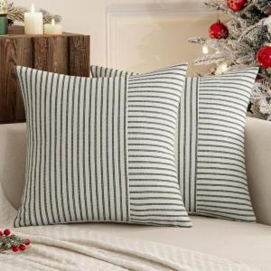MIULEE Dark Green Patchwork Farmhouse Pillow Covers 18×18 Inch, Pack of 2 Striped Linen Decorative Modern Accent Pillow Cases for Sofa Couch Bedroom(Dark Green)