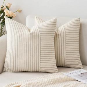 MIULEE Dark Green Patchwork Farmhouse Pillow Covers 18×18 Inch, Pack of 2 Striped Linen Decorative Modern Accent Pillow Cases for Sofa Couch Bedroom(Khaki)