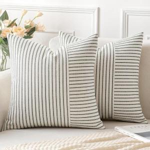MIULEE Dark Green Patchwork Farmhouse Pillow Covers 18×18 Inch, Pack of 2 Striped Linen Decorative Modern Accent Pillow Cases for Sofa Couch Bedroom(Olive Green)