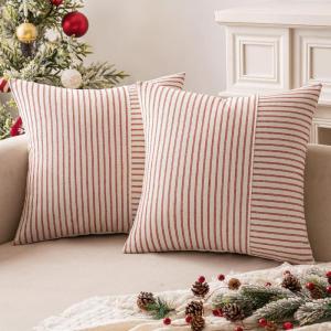MIULEE Dark Green Patchwork Farmhouse Pillow Covers 18×18 Inch, Pack of 2 Striped Linen Decorative Modern Accent Pillow Cases for Sofa Couch Bedroom(Red)
