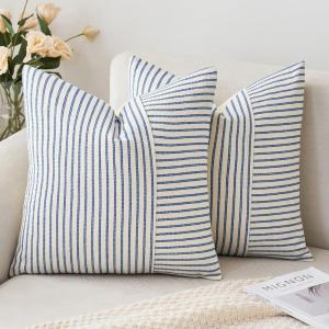 MIULEE Dark Green Patchwork Farmhouse Pillow Covers 18×18 Inch, Pack of 2 Striped Linen Decorative Modern Accent Pillow Cases for Sofa Couch Bedroom(Royal Blue)