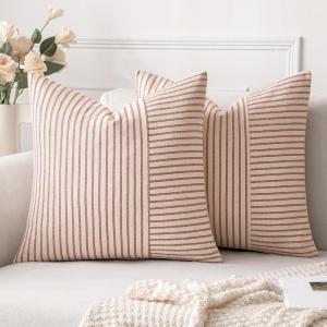 MIULEE Dark Green Patchwork Farmhouse Pillow Covers 18×18 Inch, Pack of 2 Striped Linen Decorative Modern Accent Pillow Cases for Sofa Couch Bedroom(Rust)