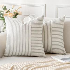 MIULEE Dark Green Patchwork Farmhouse Pillow Covers 18×18 Inch, Pack of 2 Striped Linen Decorative Modern Accent Pillow Cases for Sofa Couch Bedroom(Sage Green)
