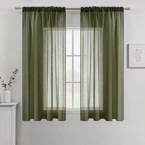 MIULEE Dark Green Sheer Curtains 36 inch Length 2 Panels Kitchen Window Curtains Over Sink, Christmas Short Small Tiers for Bathroom Cafe Linen Textured Light Filtering Half Curtain Rod Pocket Decor(Olive Green)