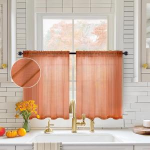 MIULEE Dark Green Sheer Curtains 36 inch Length 2 Panels Kitchen Window Curtains Over Sink, Christmas Short Small Tiers for Bathroom Cafe Linen Textured Light Filtering Half Curtain Rod Pocket Decor(Burnt Orange)