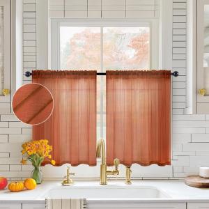 MIULEE Dark Green Sheer Curtains 36 inch Length 2 Panels Kitchen Window Curtains Over Sink, Christmas Short Small Tiers for Bathroom Cafe Linen Textured Light Filtering Half Curtain Rod Pocket Decor(Terracotta)