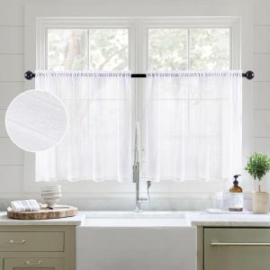 MIULEE Dark Green Sheer Curtains 36 inch Length 2 Panels Kitchen Window Curtains Over Sink, Christmas Short Small Tiers for Bathroom Cafe Linen Textured Light Filtering Half Curtain Rod Pocket Decor(White)