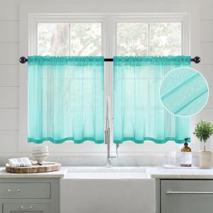 MIULEE Dark Green Sheer Curtains 36 inch Length 2 Panels Kitchen Window Curtains Over Sink, Christmas Short Small Tiers for Bathroom Cafe Linen Textured Light Filtering Half Curtain Rod Pocket Decor(Turquoise)
