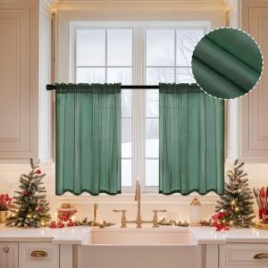 MIULEE Dark Green Sheer Curtains 36 inch Length 2 Panels Kitchen Window Curtains Over Sink, Christmas Short Small Tiers for Bathroom Cafe Linen Textured Light Filtering Half Curtain Rod Pocket Decor(Dark Green)