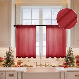 MIULEE Dark Green Sheer Curtains 36 inch Length 2 Panels Kitchen Window Curtains Over Sink, Christmas Short Small Tiers for Bathroom Cafe Linen Textured Light Filtering Half Curtain Rod Pocket Decor(Burgundy Red)