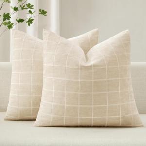 MIULEE Decorative Chenille Check Throw Pillow Covers Vintage Plaid Couch Pillows 18×18 Inch Set of 2 Neutral Boho Farmhouse Cushion Covers Modern Home Decor for Sofa Bed Living Room Brown(Beige)