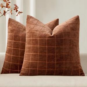 MIULEE Decorative Chenille Check Throw Pillow Covers Vintage Plaid Couch Pillows 18×18 Inch Set of 2 Neutral Boho Farmhouse Cushion Covers Modern Home Decor for Sofa Bed Living Room Brown(Burnt Orange)