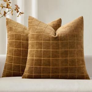 MIULEE Decorative Chenille Check Throw Pillow Covers Vintage Plaid Couch Pillows 18×18 Inch Set of 2 Neutral Boho Farmhouse Cushion Covers Modern Home Decor for Sofa Bed Living Room Brown(Brown Sugar)