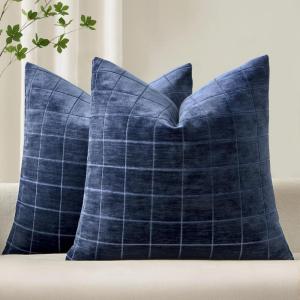 MIULEE Decorative Chenille Check Throw Pillow Covers Vintage Plaid Couch Pillows 18×18 Inch Set of 2 Neutral Boho Farmhouse Cushion Covers Modern Home Decor for Sofa Bed Living Room Brown(Navy Blue)