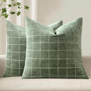 MIULEE Decorative Chenille Check Throw Pillow Covers Vintage Plaid Couch Pillows 18×18 Inch Set of 2 Neutral Boho Farmhouse Cushion Covers Modern Home Decor for Sofa Bed Living Room Brown(Sage)