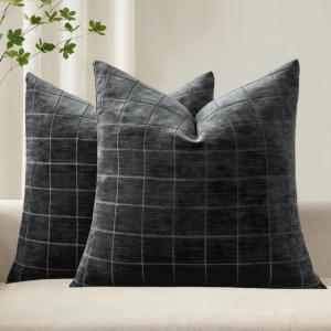 MIULEE Decorative Chenille Check Throw Pillow Covers Vintage Plaid Couch Pillows 18×18 Inch Set of 2 Neutral Boho Farmhouse Cushion Covers Modern Home Decor for Sofa Bed Living Room Brown(Black)
