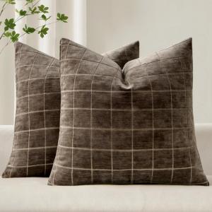 MIULEE Decorative Chenille Check Throw Pillow Covers Vintage Plaid Couch Pillows 18×18 Inch Set of 2 Neutral Boho Farmhouse Cushion Covers Modern Home Decor for Sofa Bed Living Room Brown(Brown)
