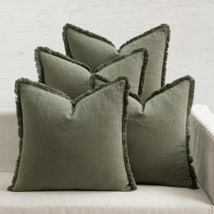 MIULEE Decorative Couch Pillow Covers Neutral Linen Fringe Throw Pillows Set of 4 Soft Rustic Cushions Boho Farmhouse Pillowcases for Bed Sofa Living Room Home Decor 18×18 Inch Beige/Brown/Green(Olive Green)