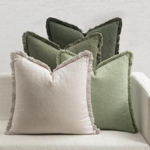 MIULEE Decorative Couch Pillow Covers Neutral Linen Fringe Throw Pillows Set of 4 Soft Rustic Cushions Boho Farmhouse Pillowcases for Bed Sofa Living Room Home Decor 18×18 Inch Beige/Brown/Green(Sage Green)