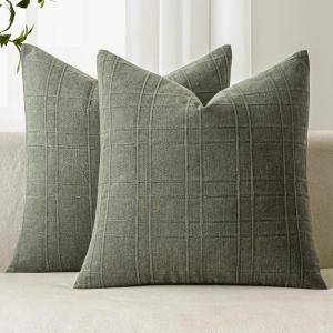 MIULEE Decorative Linen Check Throw Pillow Covers Neutral Farmhouse Vintage Christmas Pillow Covers 20×20 Set of 2 Boho Modern Home Decor for Sofa Couch Bedroom Cushion Dark Olive Green(Olive Green)