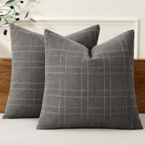 MIULEE Decorative Linen Check Throw Pillow Covers Neutral Farmhouse Vintage Christmas Pillow Covers 20×20 Set of 2 Boho Modern Home Decor for Sofa Couch Bedroom Cushion Dark Olive Green(Charcoal Gray)