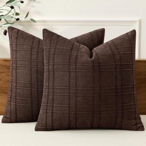 MIULEE Decorative Linen Check Throw Pillow Covers Neutral Farmhouse Vintage Christmas Pillow Covers 20×20 Set of 2 Boho Modern Home Decor for Sofa Couch Bedroom Cushion Dark Olive Green(Dark Brown)
