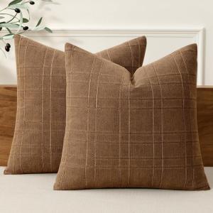 MIULEE Decorative Linen Check Throw Pillow Covers Neutral Farmhouse Vintage Christmas Pillow Covers 20×20 Set of 2 Boho Modern Home Decor for Sofa Couch Bedroom Cushion Dark Olive Green(Camel Brown)