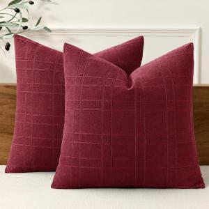 MIULEE Decorative Linen Check Throw Pillow Covers Neutral Farmhouse Vintage Christmas Pillow Covers 20×20 Set of 2 Boho Modern Home Decor for Sofa Couch Bedroom Cushion Dark Olive Green(Burgundy)