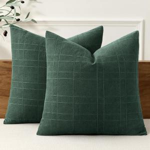 MIULEE Decorative Linen Check Throw Pillow Covers Neutral Farmhouse Vintage Christmas Pillow Covers 20×20 Set of 2 Boho Modern Home Decor for Sofa Couch Bedroom Cushion Dark Olive Green(Dark Green)