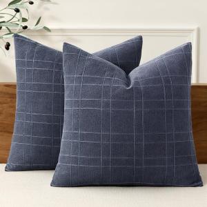 MIULEE Decorative Linen Check Throw Pillow Covers Neutral Farmhouse Vintage Christmas Pillow Covers 20×20 Set of 2 Boho Modern Home Decor for Sofa Couch Bedroom Cushion Dark Olive Green(Navy Blue)