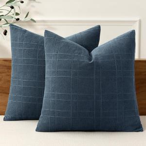 MIULEE Decorative Linen Check Throw Pillow Covers Neutral Farmhouse Vintage Christmas Pillow Covers 20×20 Set of 2 Boho Modern Home Decor for Sofa Couch Bedroom Cushion Dark Olive Green(Dark Blue)