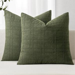 MIULEE Decorative Linen Check Throw Pillow Covers Neutral Farmhouse Vintage Christmas Pillow Covers 20×20 Set of 2 Boho Modern Home Decor for Sofa Couch Bedroom Cushion Dark Olive Green(Dark Olive Green)