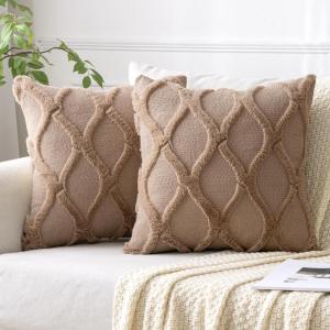 MIULEE Decorative Throw Pillow Covers Dark Grey 18×18 Inch Set of 2, Soft Plush Faux Wool Couch Cushion Covers Farmhouse Throw Pillows for Couch Bed Sofa Living Room(Khaki)