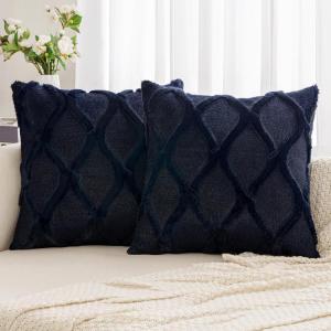 MIULEE Decorative Throw Pillow Covers Dark Grey 18×18 Inch Set of 2, Soft Plush Faux Wool Couch Cushion Covers Farmhouse Throw Pillows for Couch Bed Sofa Living Room(Navy Blue)