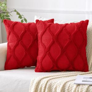 MIULEE Decorative Throw Pillow Covers Dark Grey 18×18 Inch Set of 2, Soft Plush Faux Wool Couch Cushion Covers Farmhouse Throw Pillows for Couch Bed Sofa Living Room(Red)