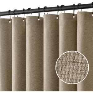 MIULEE Extra Long Linen Shower Curtain 96 Inches Long with 12 Metal Hooks Washable Beige Fabric Shower Curtain Set Waterproof Neutral Thick Cloth Shower Curtains for Bathroom Hotel Bathtub, Cream(Khaki)