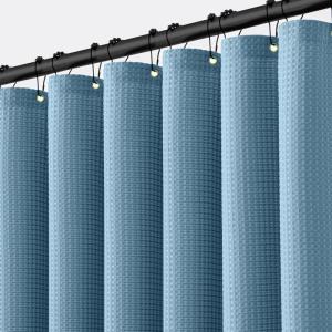 MIULEE Extra Long Waffle Weave Shower Bath Curtain 84 Inch Long with 12 Metal Hooks Modern Washable 260GSM Heavy Fabric Waterproof Thick Cloth Shower Curtains Set for Bathroom Bathtub, White(Moonlight Blue)