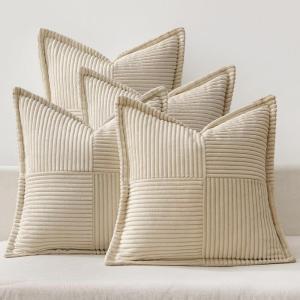 MIULEE Fall Burnt Orange Green Throw Pillow Covers 18×18 Inch 4 Packs Soft Boho Decorative Color-Clash Pillow Cases Modern Farmhouse Cushion Cases for Couch Sofa Bed Corduroy Striped Home Decor(Beige)