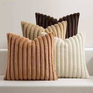MIULEE Faux Fur Plush Decorative Throw Pillow Covers 18×18 Set of 4, Boho Farmhouse Soft Fuzzy Striped Cushion Covers for Sofa Couch Bed Living Room Vintage Rustic Home Decor,Grey Taupe(Brown)