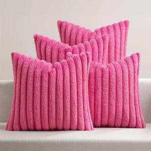 MIULEE Faux Fur Plush Decorative Throw Pillow Covers 18×18 Set of 4, Boho Farmhouse Soft Fuzzy Striped Cushion Covers for Sofa Couch Bed Living Room Vintage Rustic Home Decor,Grey Taupe(Hot Pink)