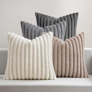 MIULEE Faux Fur Plush Decorative Throw Pillow Covers 18×18 Set of 4, Boho Farmhouse Soft Fuzzy Striped Cushion Covers for Sofa Couch Bed Living Room Vintage Rustic Home Decor,Grey Taupe(Grey Brown)