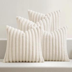 MIULEE Faux Fur Plush Decorative Throw Pillow Covers 18×18 Set of 4, Boho Farmhouse Soft Fuzzy Striped Cushion Covers for Sofa Couch Bed Living Room Vintage Rustic Home Decor,Grey Taupe(Cream White)