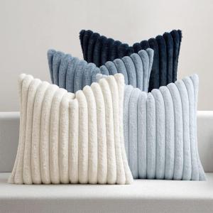 MIULEE Faux Fur Plush Decorative Throw Pillow Covers 18×18 Set of 4, Boho Farmhouse Soft Fuzzy Striped Cushion Covers for Sofa Couch Bed Living Room Vintage Rustic Home Decor,Grey Taupe(Navy Blue)