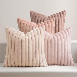 MIULEE Faux Fur Plush Decorative Throw Pillow Covers 18×18 Set of 4, Boho Farmhouse Soft Fuzzy Striped Cushion Covers for Sofa Couch Bed Living Room Vintage Rustic Home Decor,Grey Taupe(Pink)