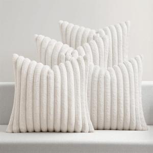 MIULEE Faux Fur Plush Decorative Throw Pillow Covers 18×18 Set of 4, Boho Farmhouse Soft Fuzzy Striped Cushion Covers for Sofa Couch Bed Living Room Vintage Rustic Home Decor,Grey Taupe(Pure White)